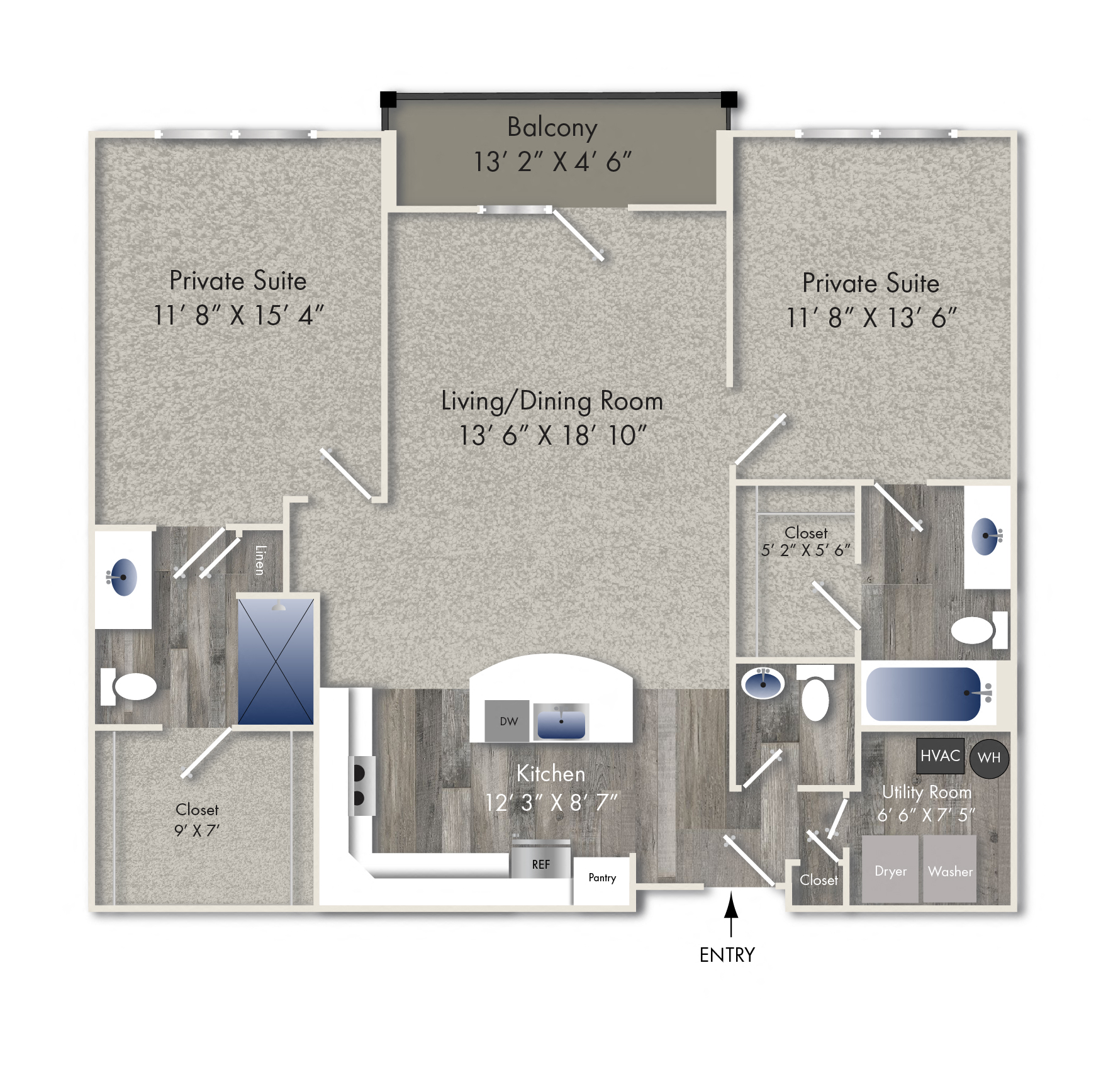 Floor plan for 2 beds, 2.5 baths, 1177 sqft