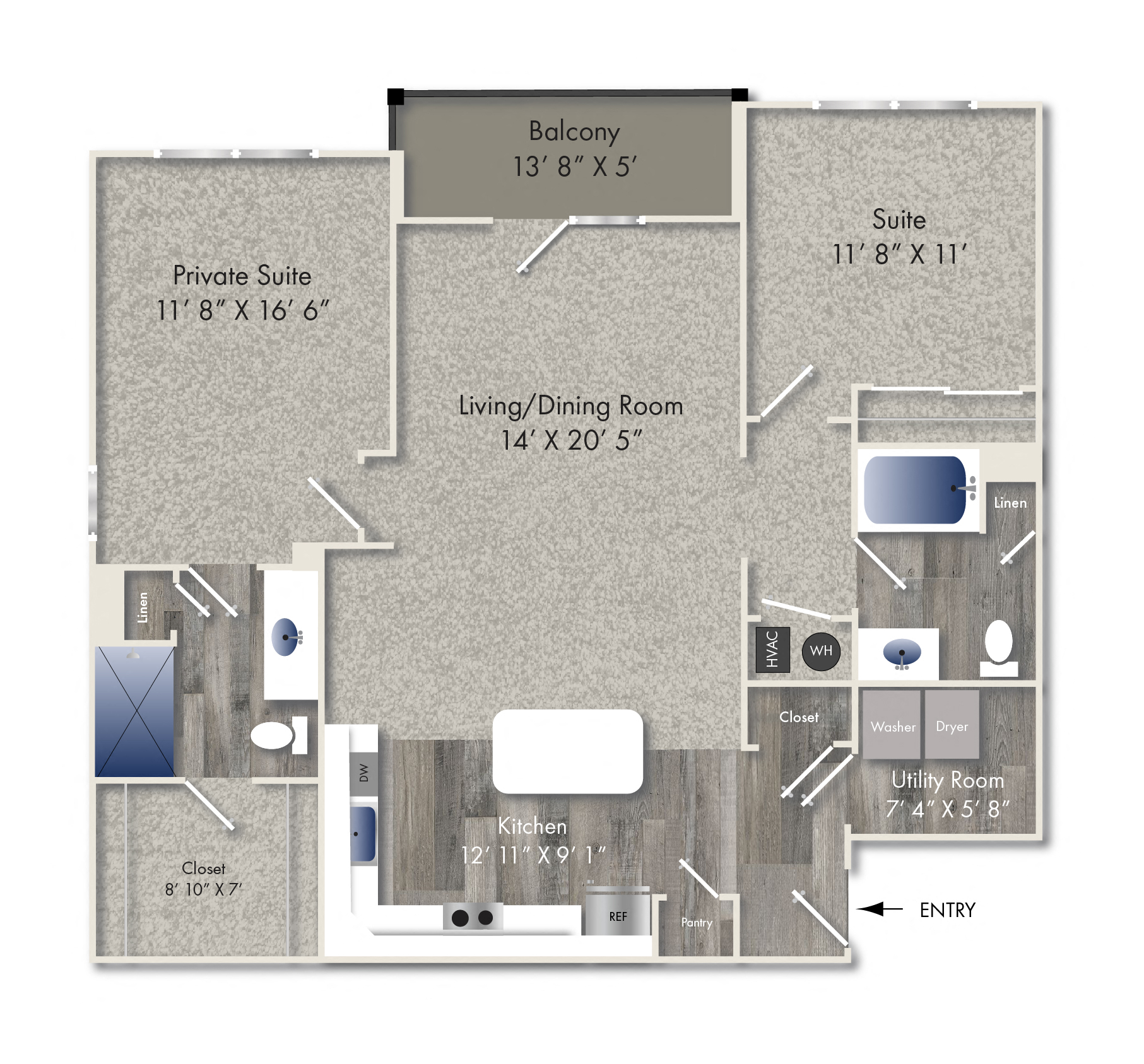 Floor plan for 2 beds, 2 baths, 1233 sqft