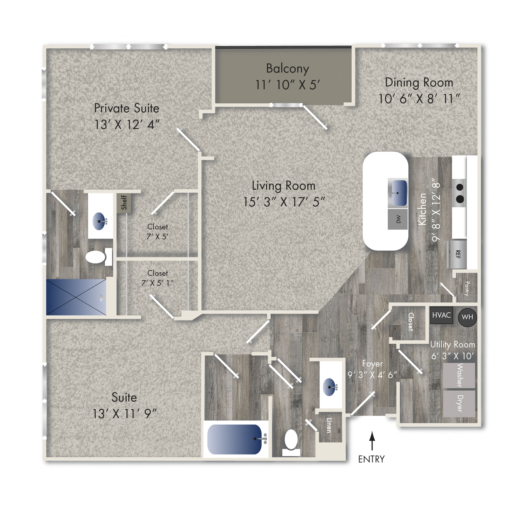 Floor plan for 2 beds, 2 baths, 1274 sqft