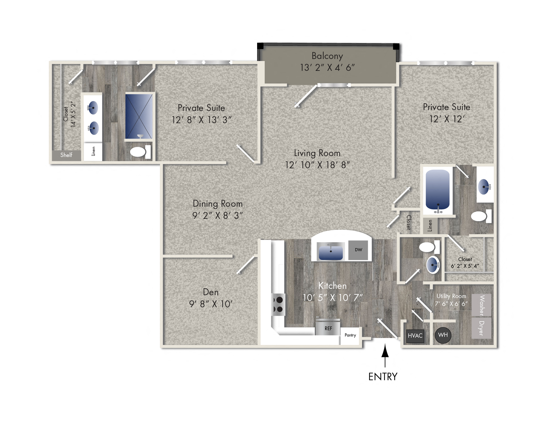 Floor plan for 2 beds, 2.5 baths, 1426 sqft