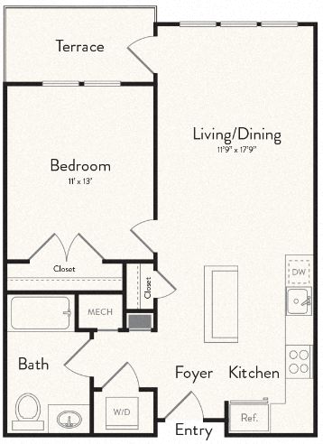 Floor plan for 1 bed, 1 bath, 675 sqft