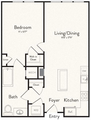Floor plan for 1 bed, 1 bath, 728 sqft