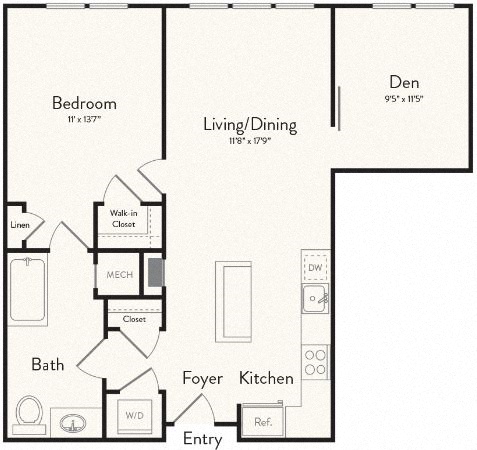 Floor plan for 1 bed, 1 bath, 861 sqft