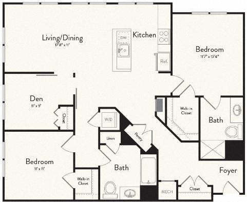 Floor plan for 2 beds, 2 baths, 1261 sqft
