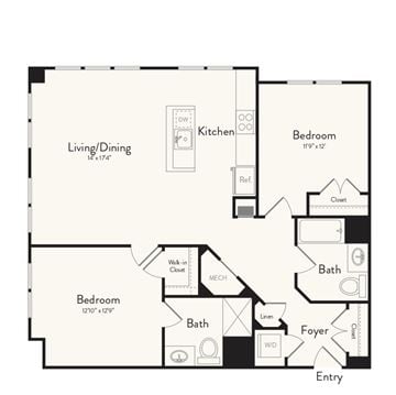 Glen Cove apartment for rent - A floor plan of a home with two bedrooms, a living/dining area, a kitchen, a bathroom, a foyer, and an entry.