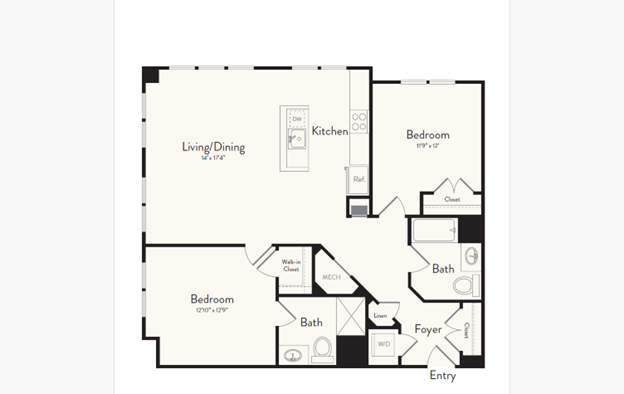Floor plan for 2 beds, 2 baths, 1095 sqft