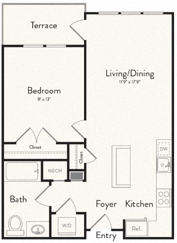 Floor plan for 1 bed, 1 bath, 675 sqft