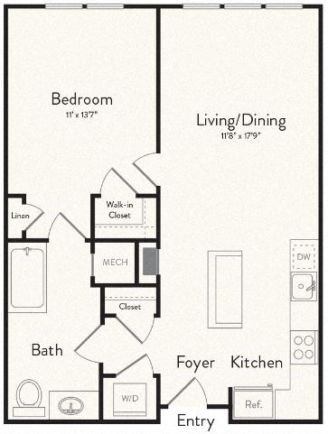 Floor plan for 1 bed, 1 bath, 728 sqft