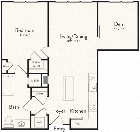 Floor plan for 1 bed, 1 bath, 846 sqft