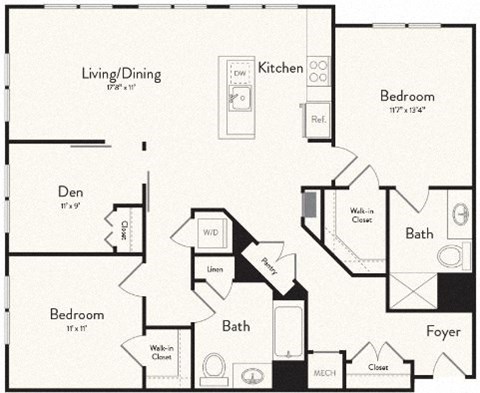 Floor plan for 2 beds, 2 baths, 1261 sqft