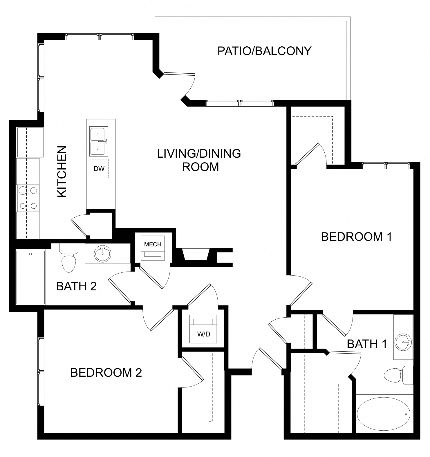 Floor plan for 2 beds, 2 baths, 1071 sqft