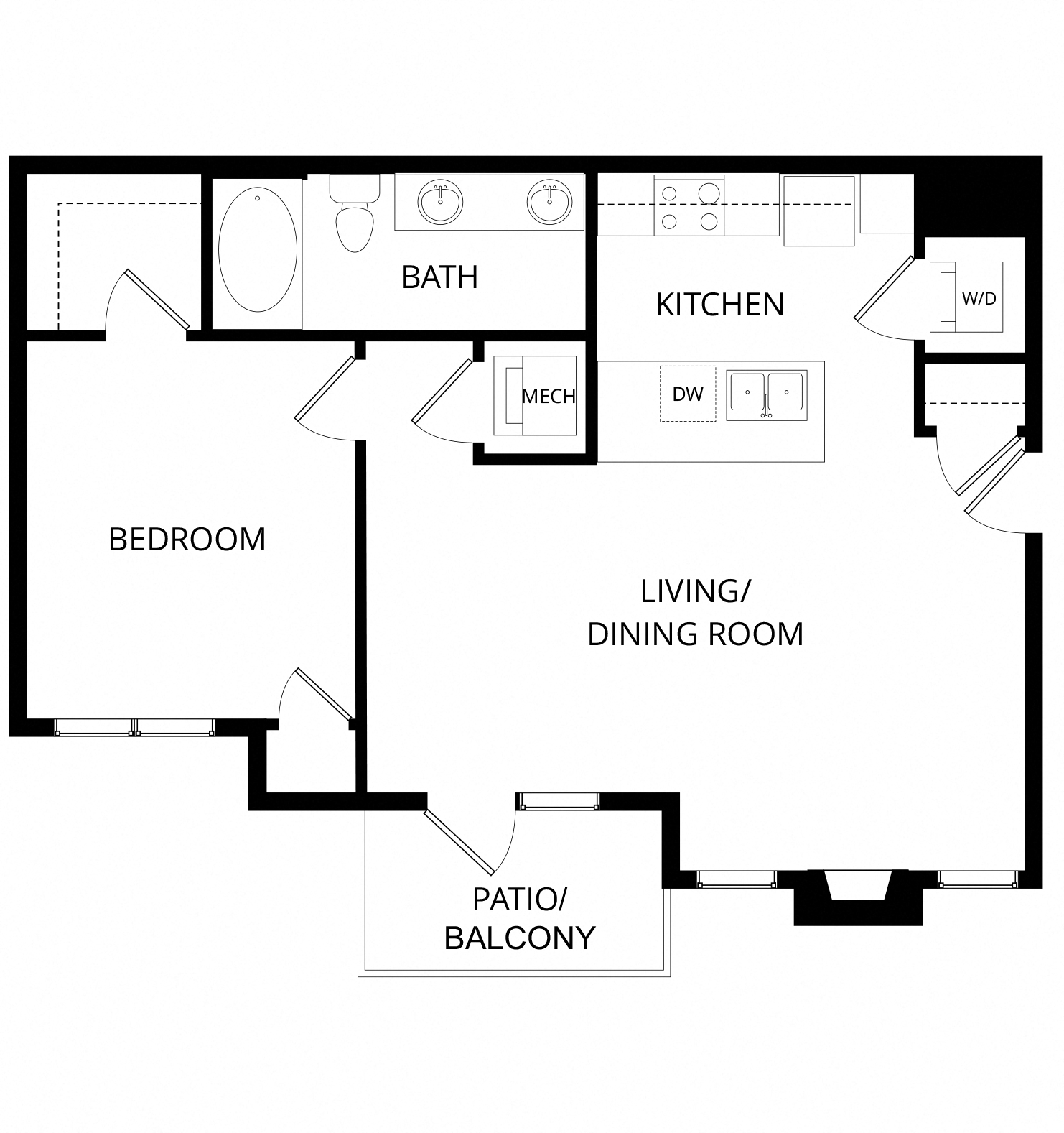 Floor plan for 1 bed, 1 bath, 760 sqft