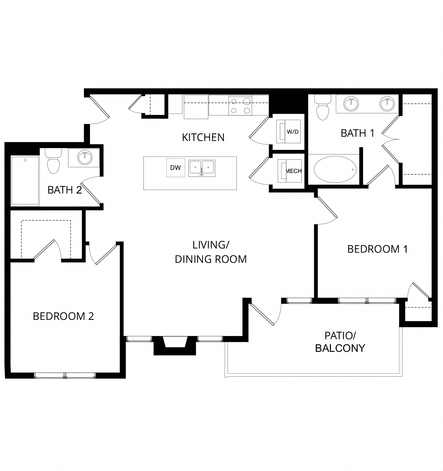 Floor plan for 2 beds, 2 baths, 1048 sqft