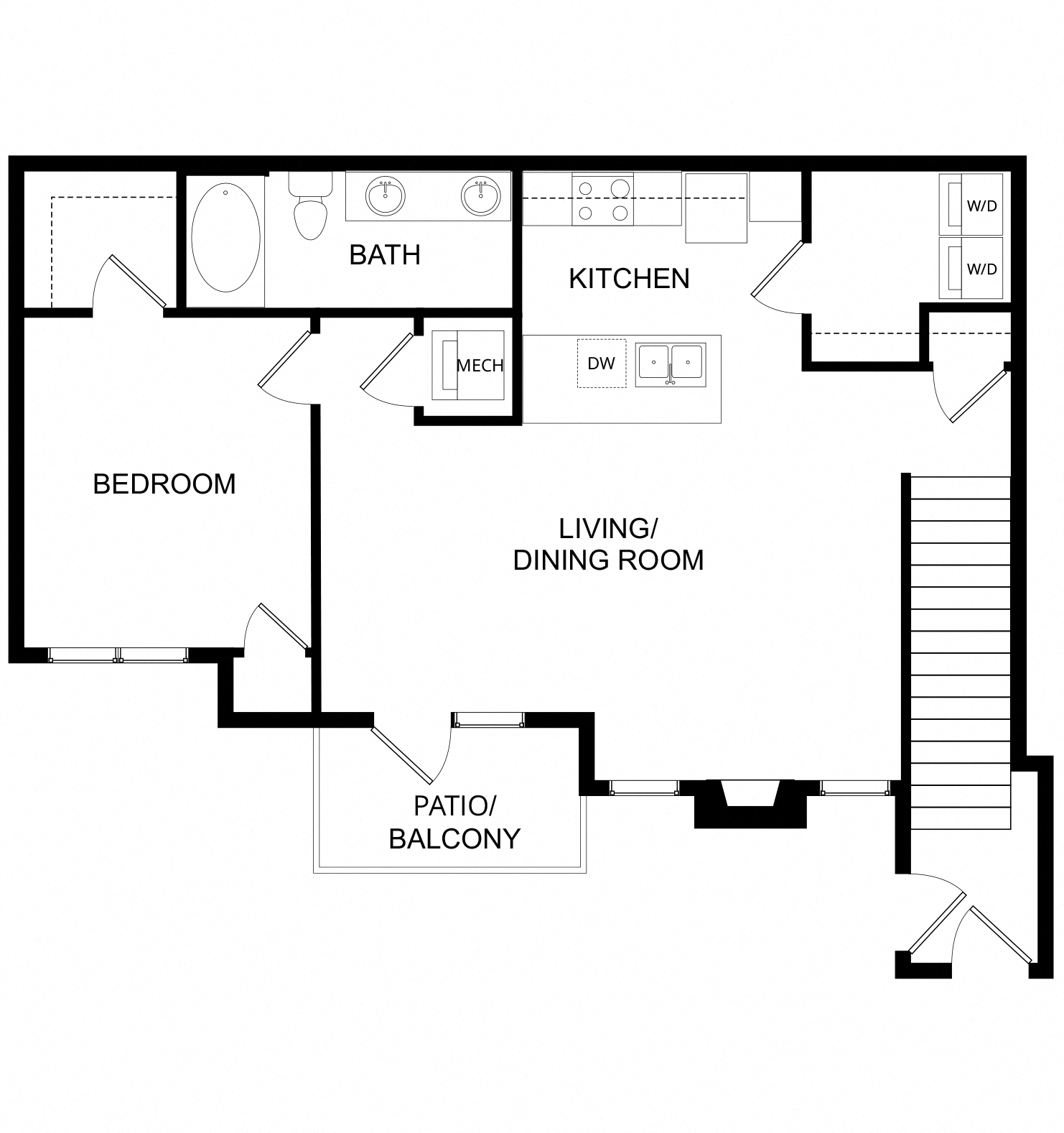 Floor plan for 1 bed, 1 bath, 908 sqft