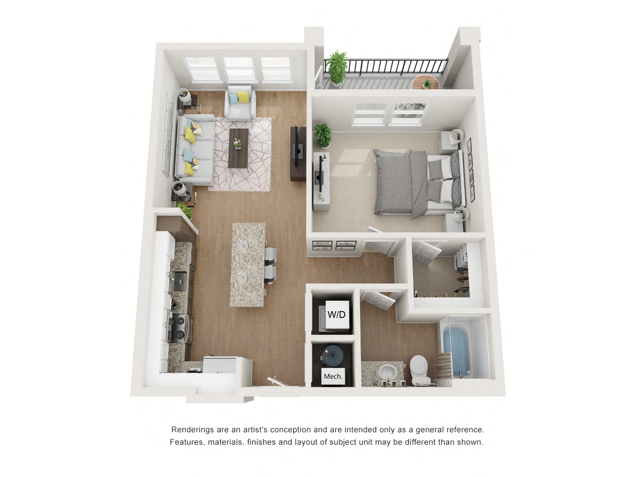 Floor plan for 1 bed, 1 bath, 758 sqft
