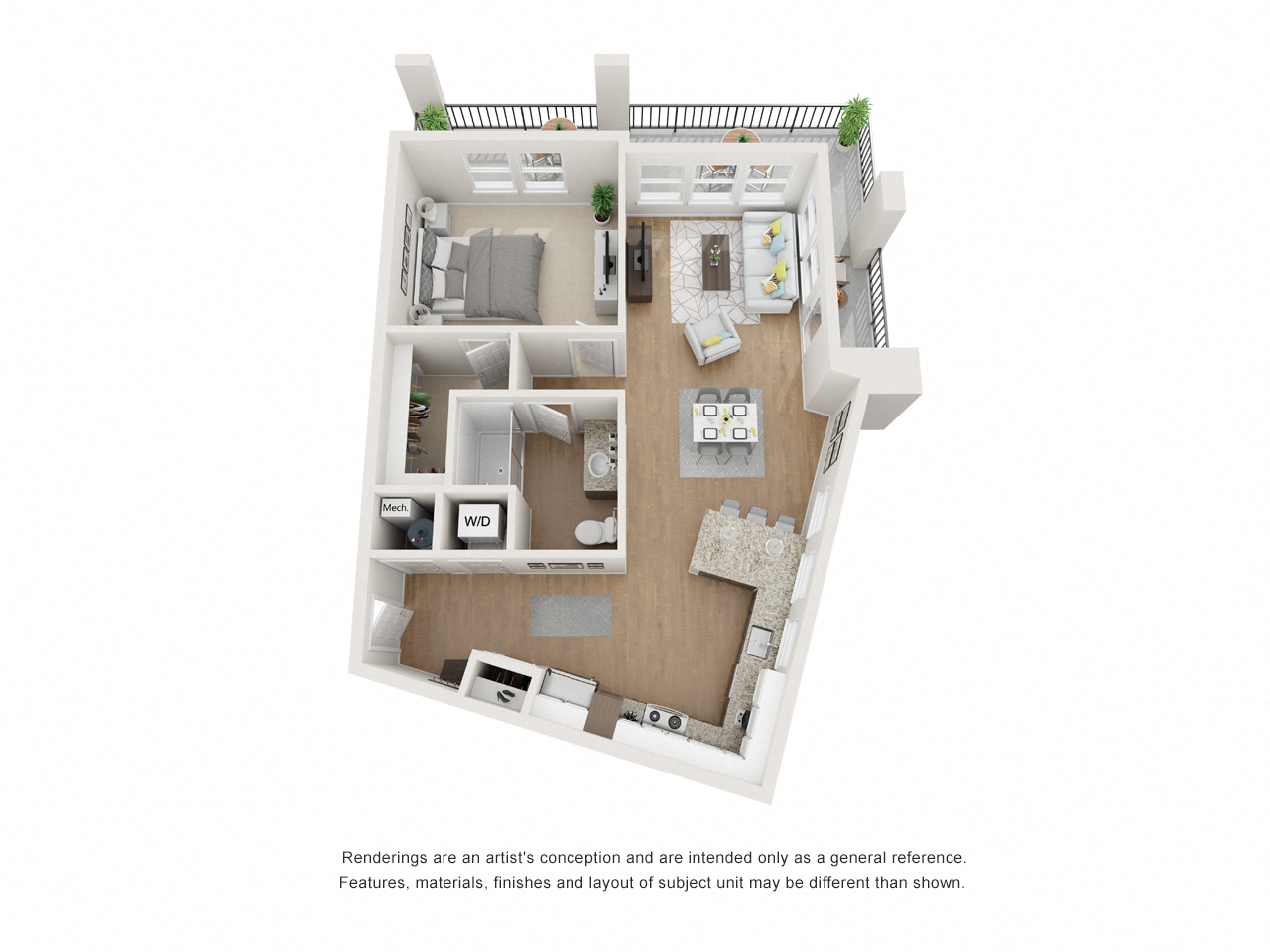 Floor plan for 1 bed, 1 bath, 885 sqft