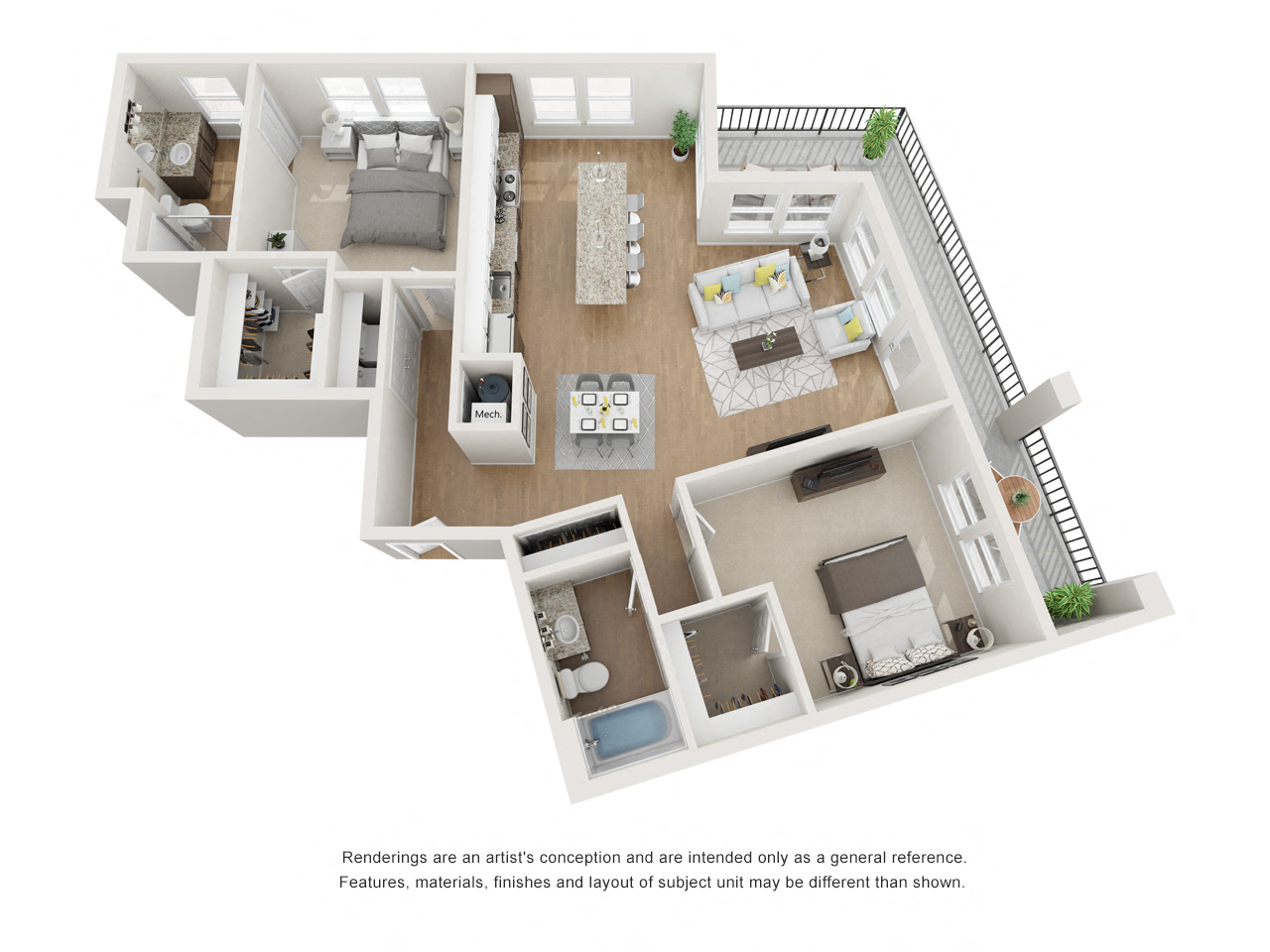Floor plan for 2 beds, 2 baths, 1257 sqft