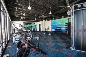 Jacksonville apartment for rent - a gym with exercise machines and a large mural on the wall