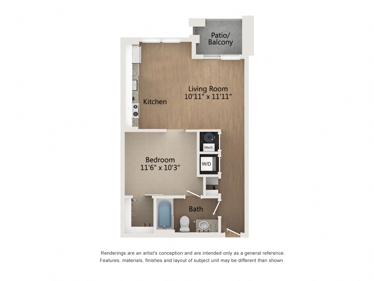 Floor plan for studio, 1 bath, 608 sqft