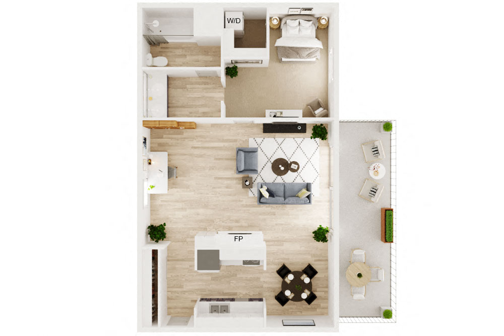 Floor plan for 1 bed, 1 bath, 770 sqft