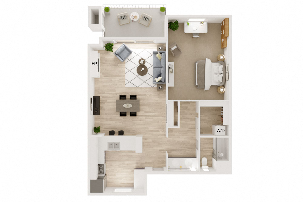 Floor plan for 1 bed, 1 bath, 832 sqft