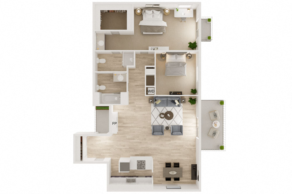 Floor plan for 2 beds, 2 baths, 1080 sqft