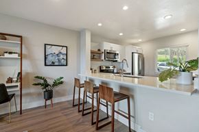 Mill Valley apartment for rent - an open kitchen with a counter top bar and stools