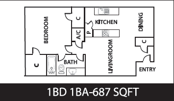 Floor plan for 1 bed, 1 bath, 687 sqft