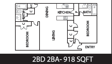 Floor plan for 2 beds, 2 baths, 918 sqft