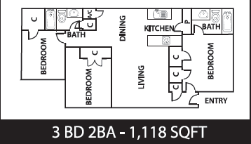 Floor plan for 3 beds, 2 baths, 1118 sqft