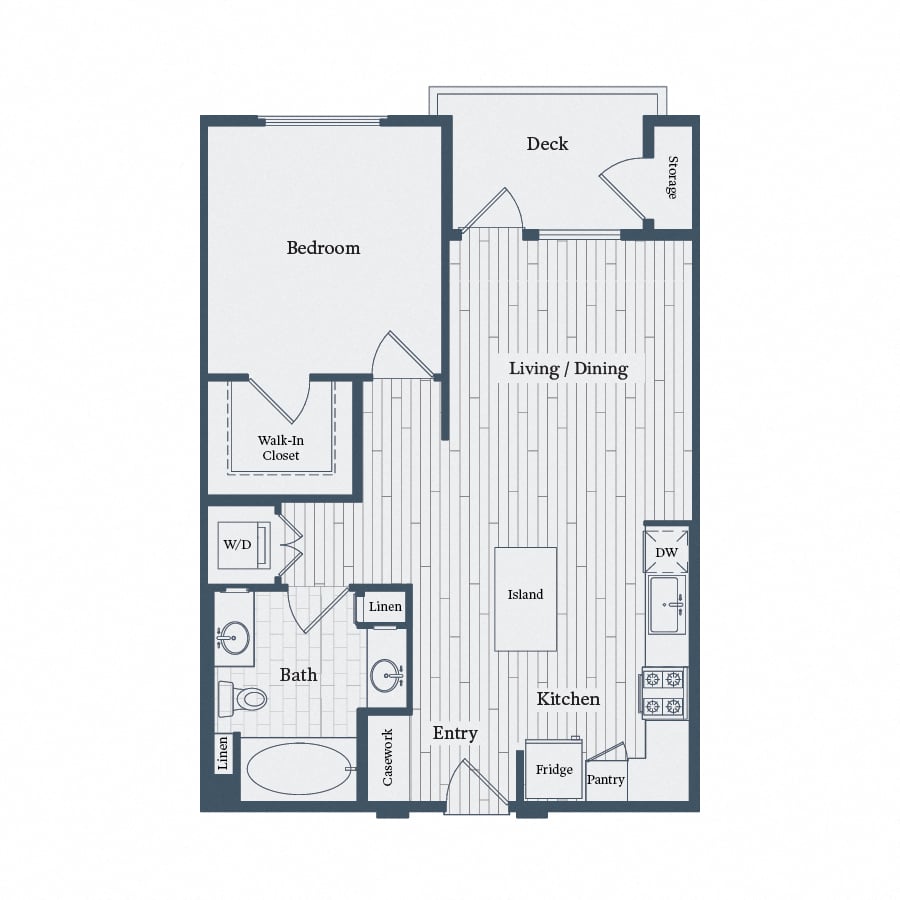 Floor plan for 1 bed, 1 bath, 749 sqft