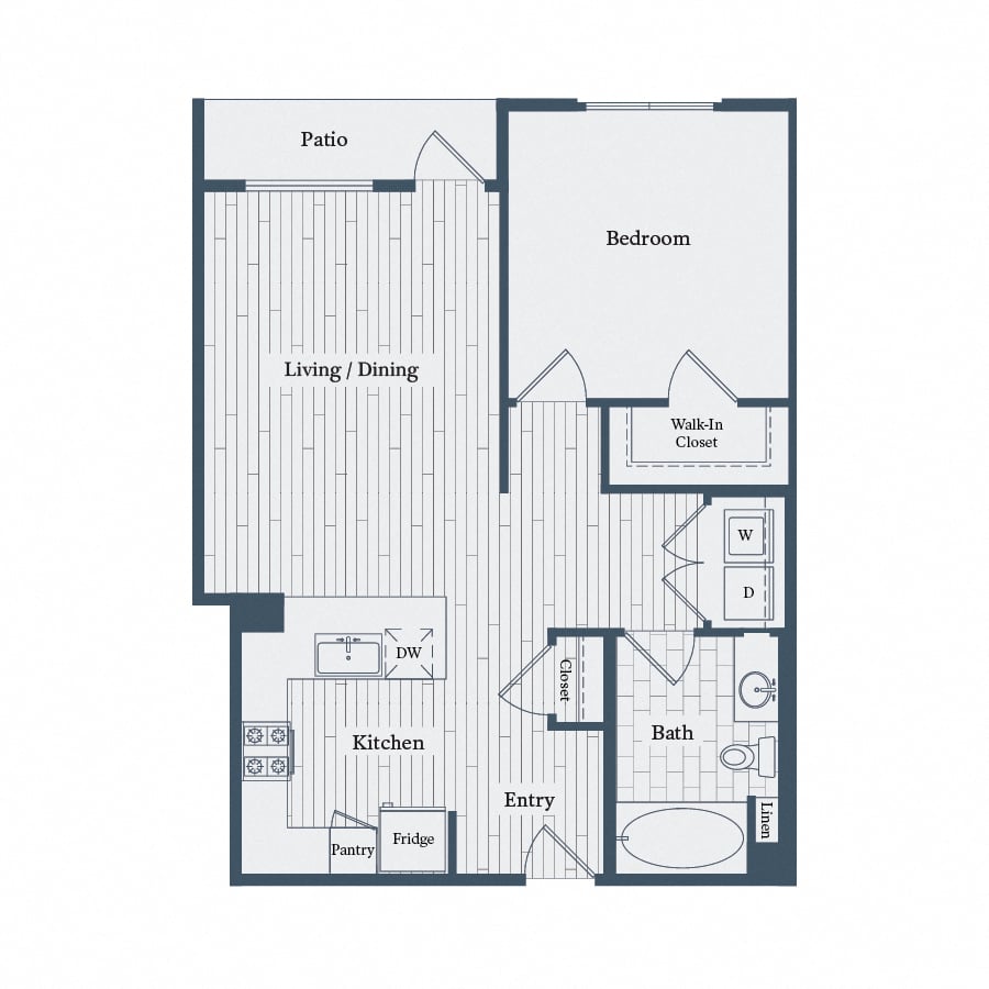 Floor plan for 1 bed, 1 bath, 801 sqft