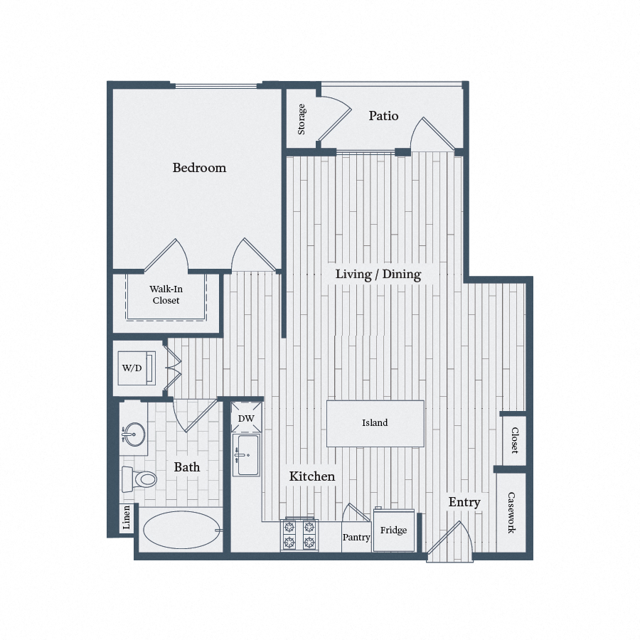 Floor plan for 1 bed, 1 bath, 803 sqft