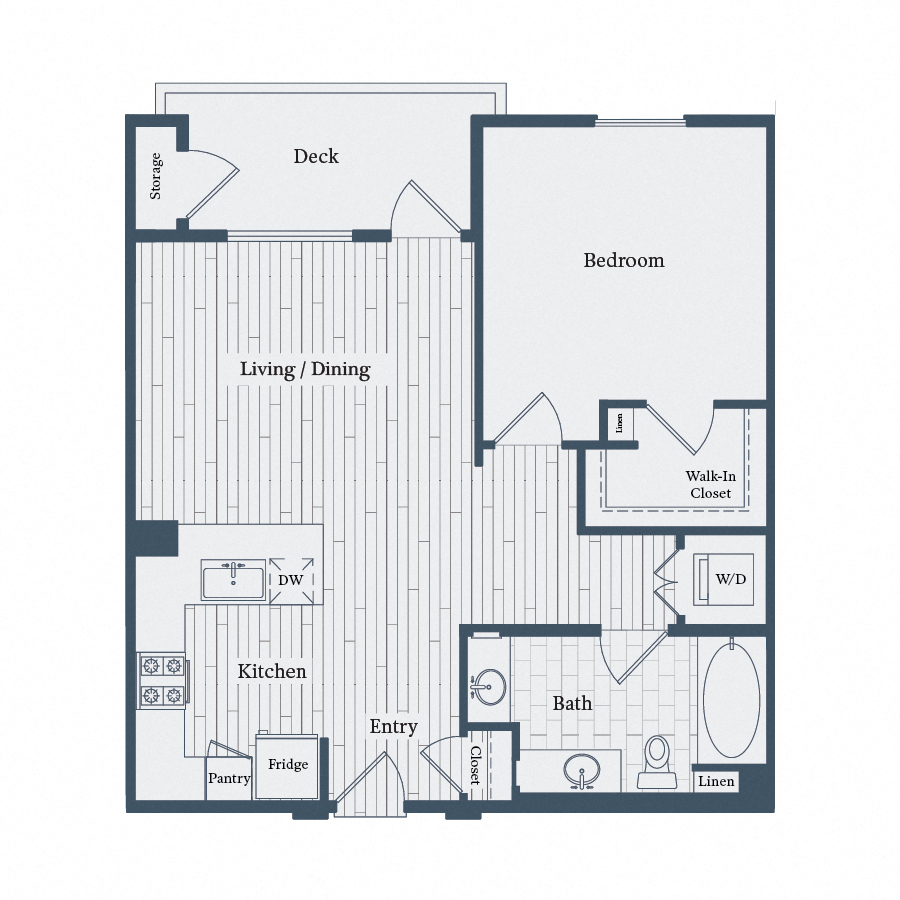 Floor plan for 1 bed, 1 bath, 798 sqft