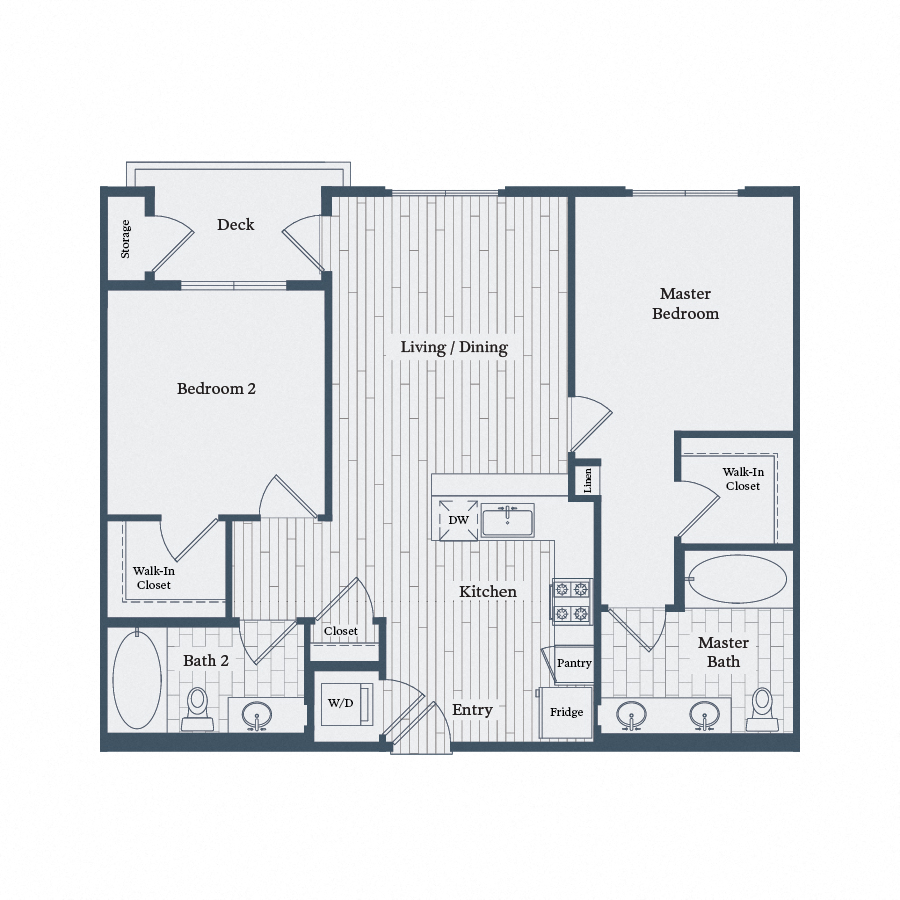 Floor plan for 2 beds, 2 baths, 1027 sqft