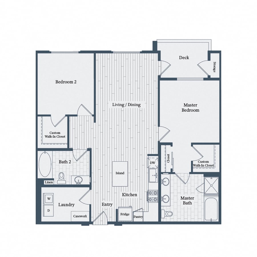 Floor plan for 2 beds, 2 baths, 1232 sqft
