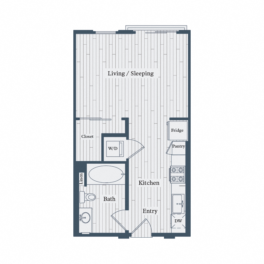 Floor plan for studio, 1 bath, 518 sqft