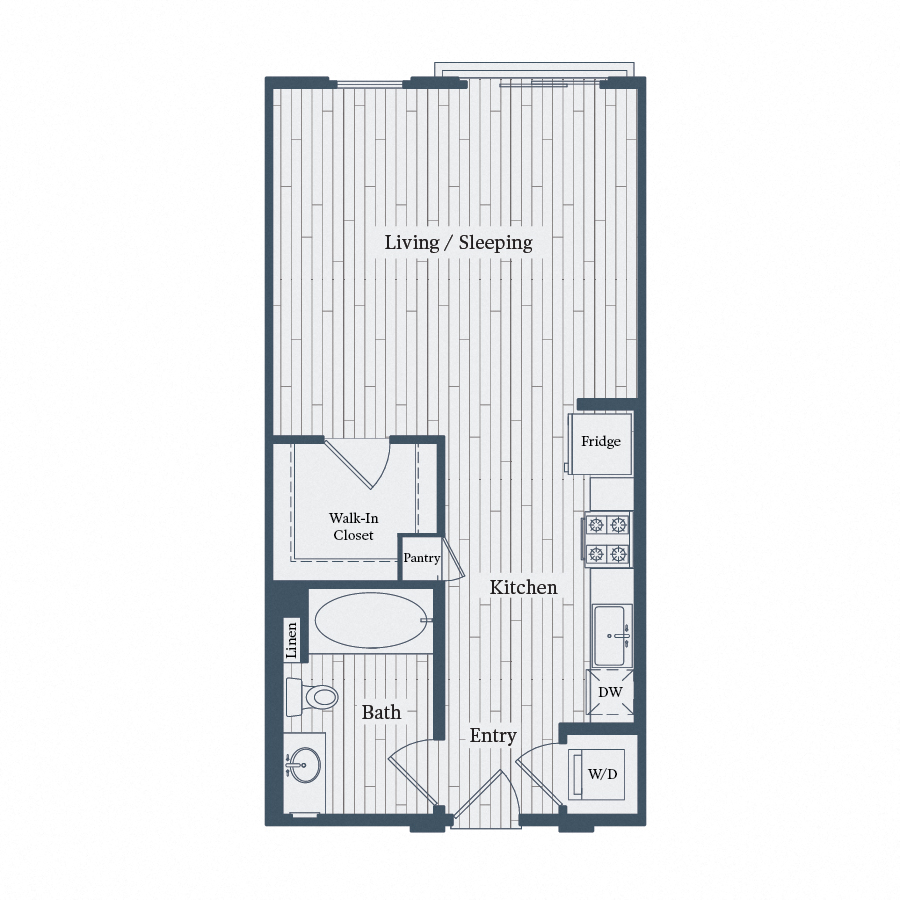 Floor plan for studio, 1 bath, 577 sqft