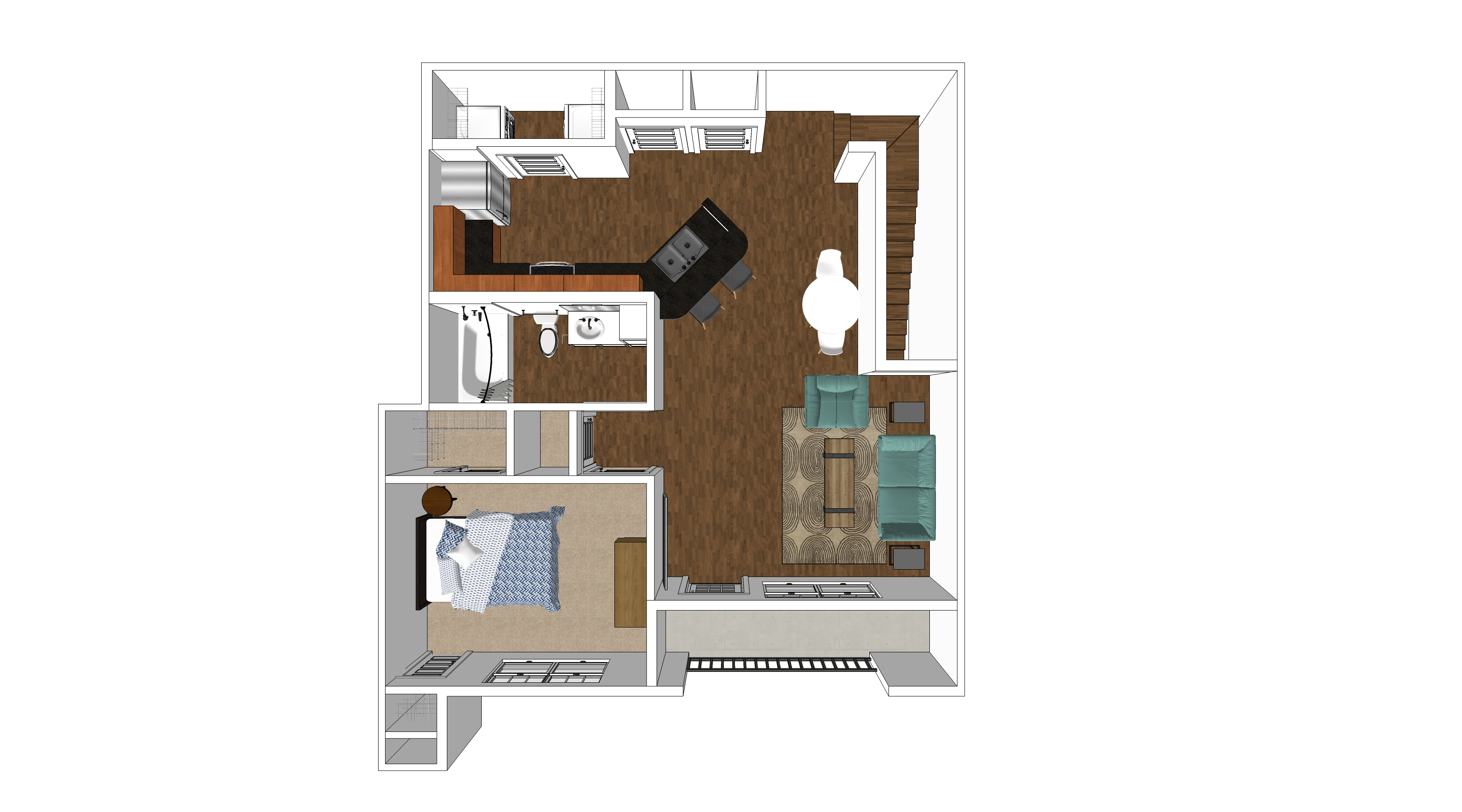 Floor plan for 1 bed, 1 bath, 854 sqft