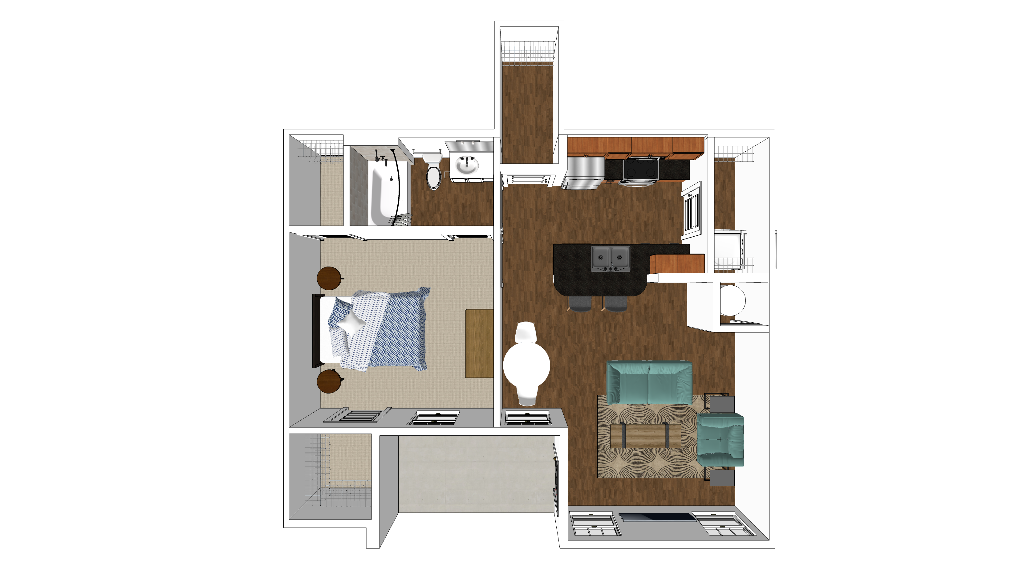 Floor plan for 1 bed, 1 bath, 831 sqft