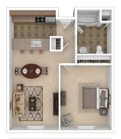 Floor plan for 1 bed, 1 bath, 661 sqft