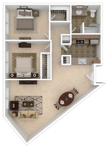 Floor plan for 2 beds, 1 bath, 978 sqft