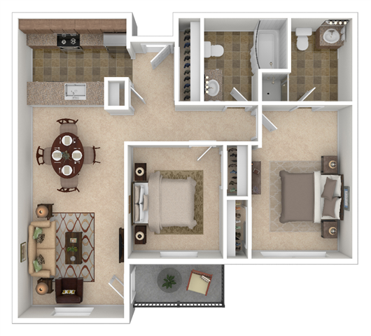 Floor plan for 2 beds, 2 baths, 957 sqft