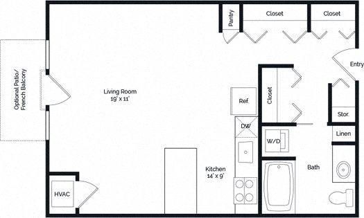 Floor plan for studio, 1 bath, 598 sqft