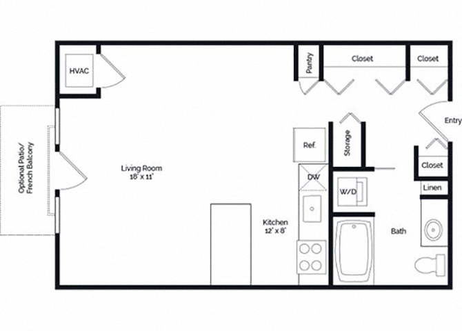 Floor plan for studio, 1 bath, 546 sqft