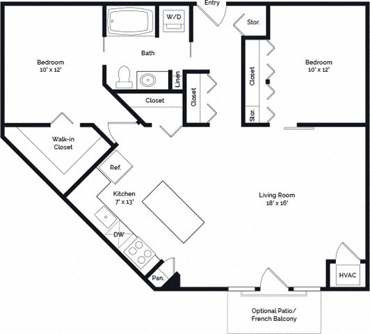 Floor plan for 2 beds, 1 bath, 975 sqft