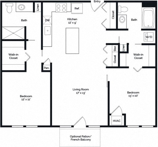 Floor plan for 2 beds, 2 baths, 1075 sqft