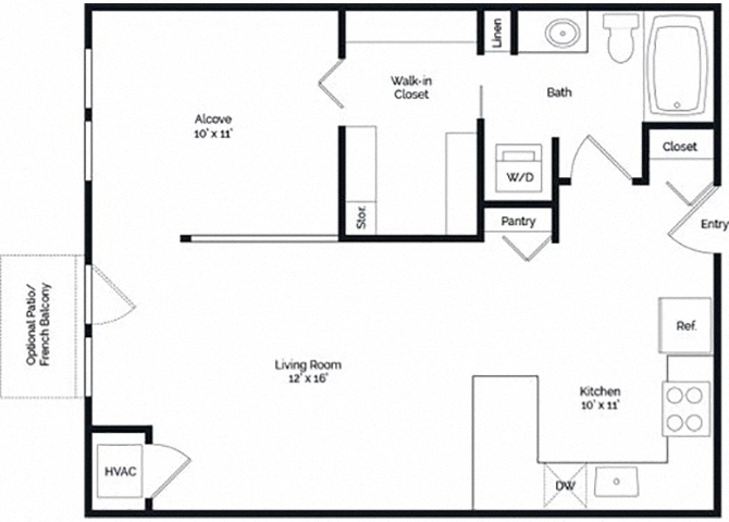 Floor plan for studio, 1 bath, 701 sqft