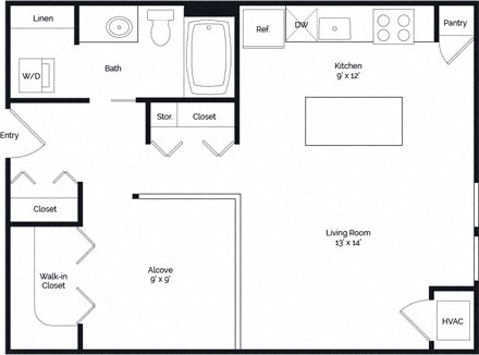 Floor plan for studio, 1 bath, 643 sqft