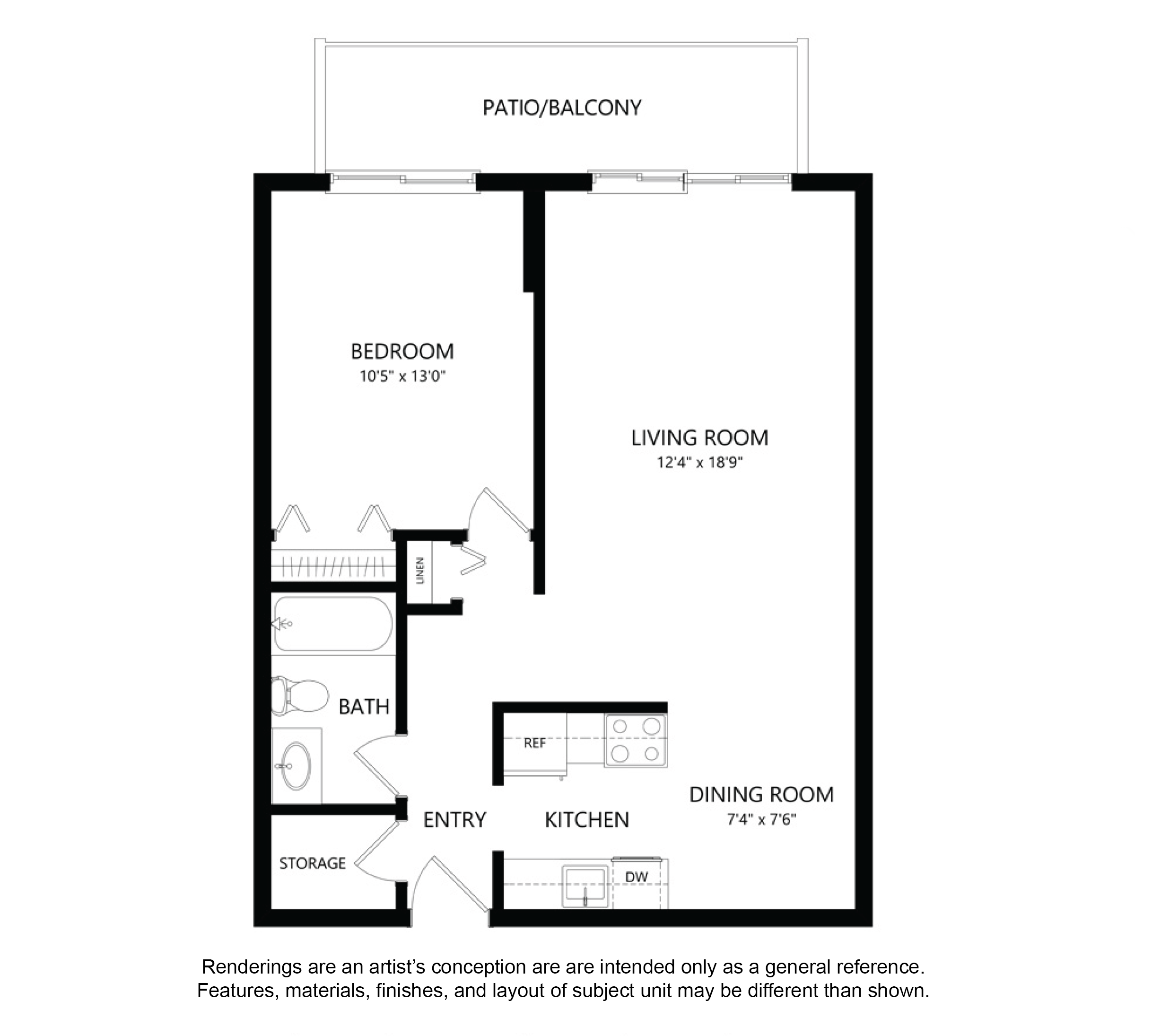 Floor plan for 1 bed, 1 bath, 688 sqft